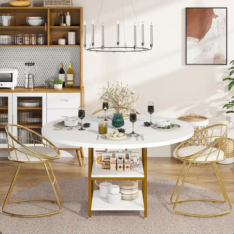 Table à manger ronde pour 4 personnes, Table de cuisine de 119 cm petite table à dîner avec étagère de rangement