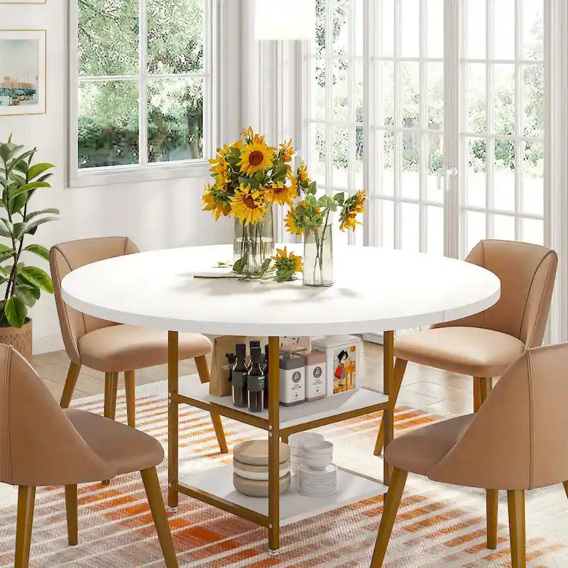 Table à manger ronde pour 4 personnes, Table de cuisine de 119 cm petite table à dîner avec étagère de rangement