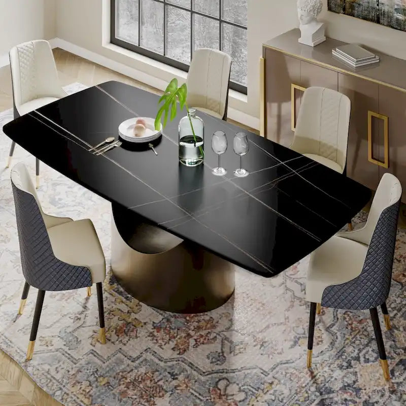 63-94 Table à manger moderne avec plateau rectangulaire en pierre frittée et pieds en acier au carbone pour 4 à 10 personnes