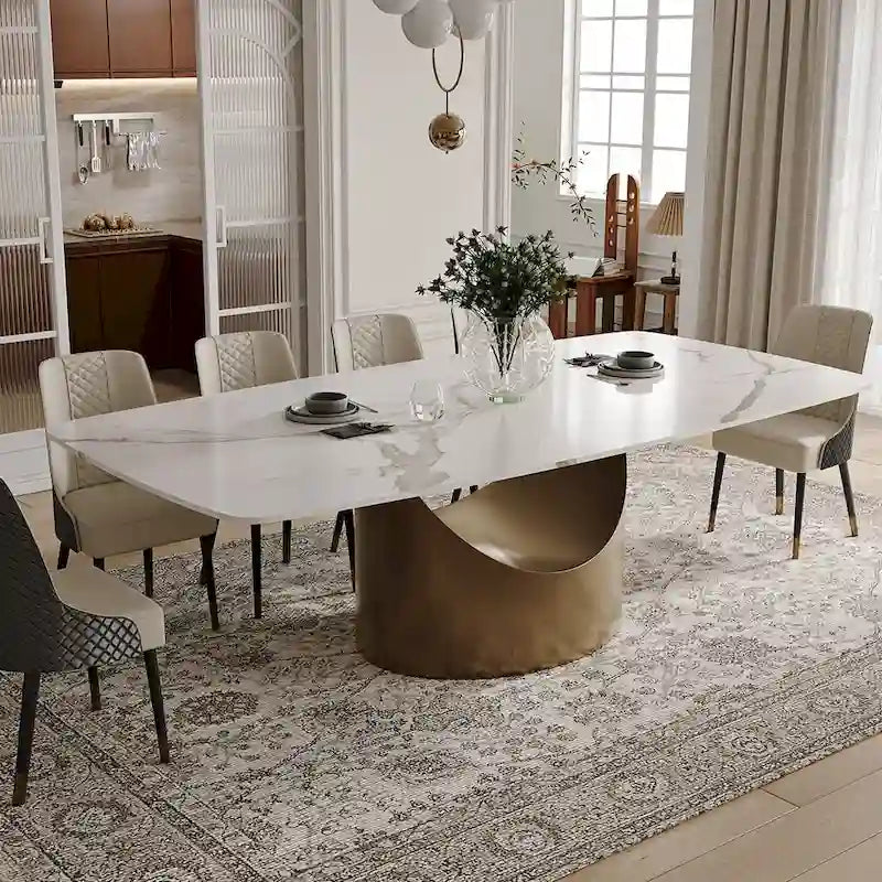 63-94 Table à manger moderne avec plateau rectangulaire en pierre frittée et pieds en acier au carbone pour 4 à 10 personnes