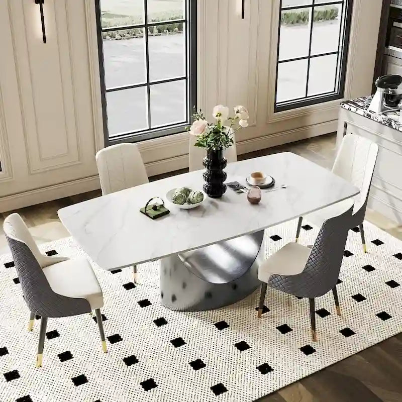 63-94 Table à manger moderne avec plateau rectangulaire en pierre frittée et pieds en acier au carbone pour 4 à 10 personnes