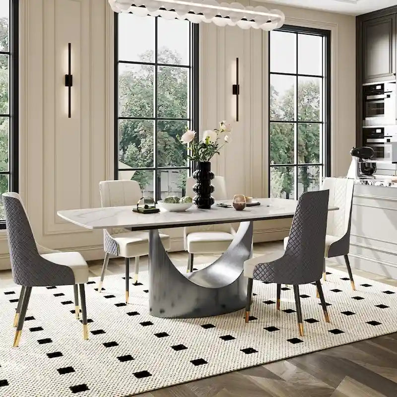 63-94 Table à manger moderne avec plateau rectangulaire en pierre frittée et pieds en acier au carbone pour 4 à 10 personnes