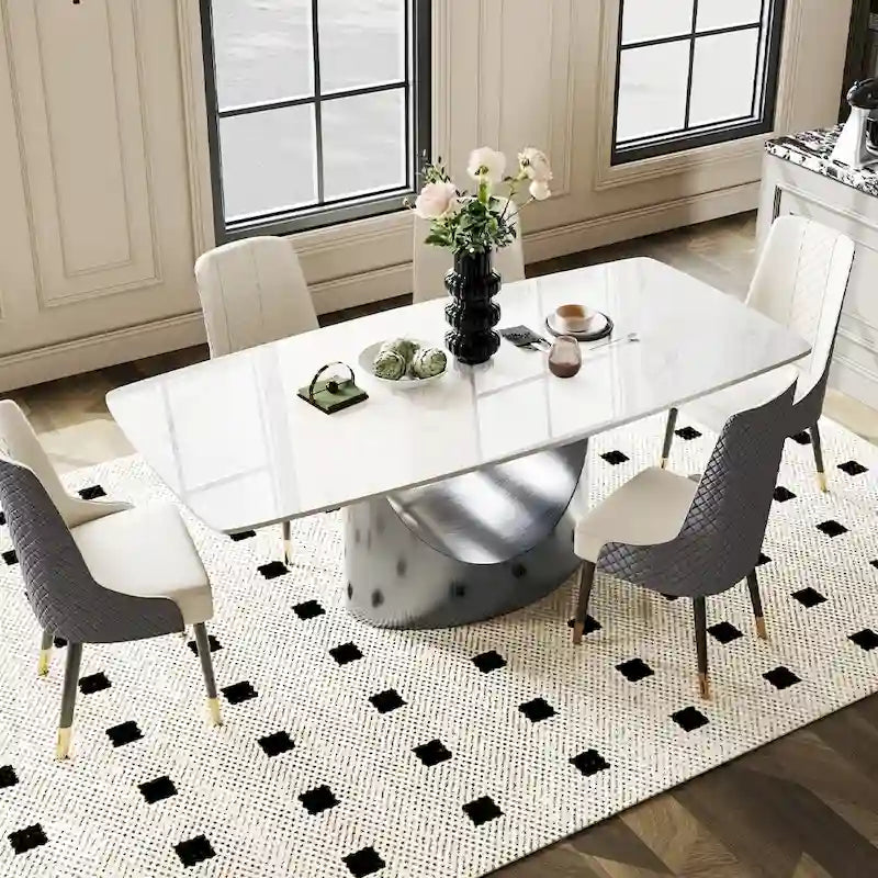 63-94 Table à manger moderne avec plateau rectangulaire en pierre frittée et pieds en acier au carbone pour 4 à 10 personnes
