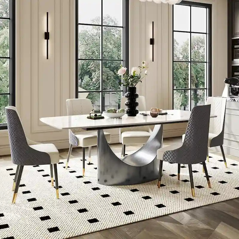 63-94 Table à manger moderne avec plateau rectangulaire en pierre frittée et pieds en acier au carbone pour 4 à 10 personnes