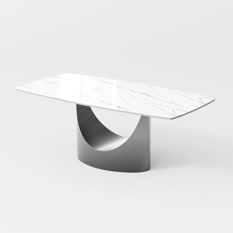 63-94 Table à manger moderne avec plateau rectangulaire en pierre frittée et pieds en acier au carbone pour 4 à 10 personnes
