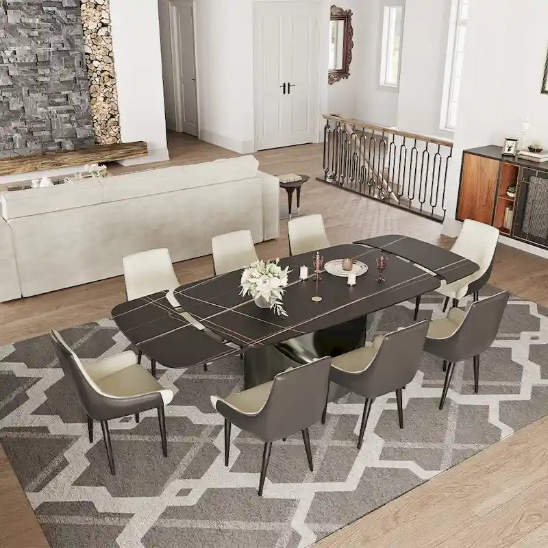 63-94 Table à manger moderne avec plateau rectangulaire en pierre frittée et pieds en acier au carbone pour 4 à 10 personnes