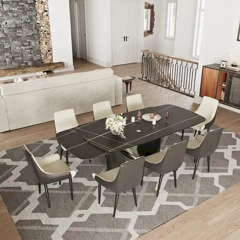 63-94 Table à manger moderne avec plateau rectangulaire en pierre frittée et pieds en acier au carbone pour 4 à 10 personnes
