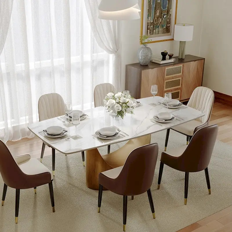 63-94 Table à manger moderne avec plateau rectangulaire en pierre frittée et pieds en acier au carbone pour 4 à 10 personnes