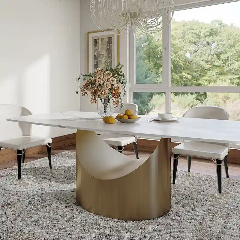 63-94 Table à manger moderne avec plateau rectangulaire en pierre frittée et pieds en acier au carbone pour 4 à 10 personnes