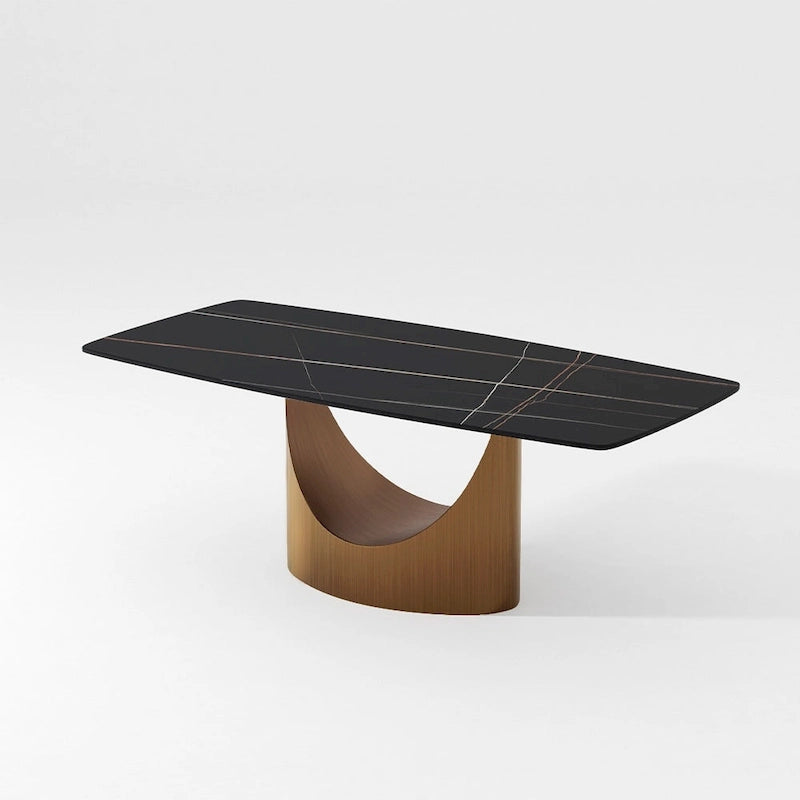 63-94 Table à manger moderne avec plateau rectangulaire en pierre frittée et pieds en acier au carbone pour 4 à 10 personnes