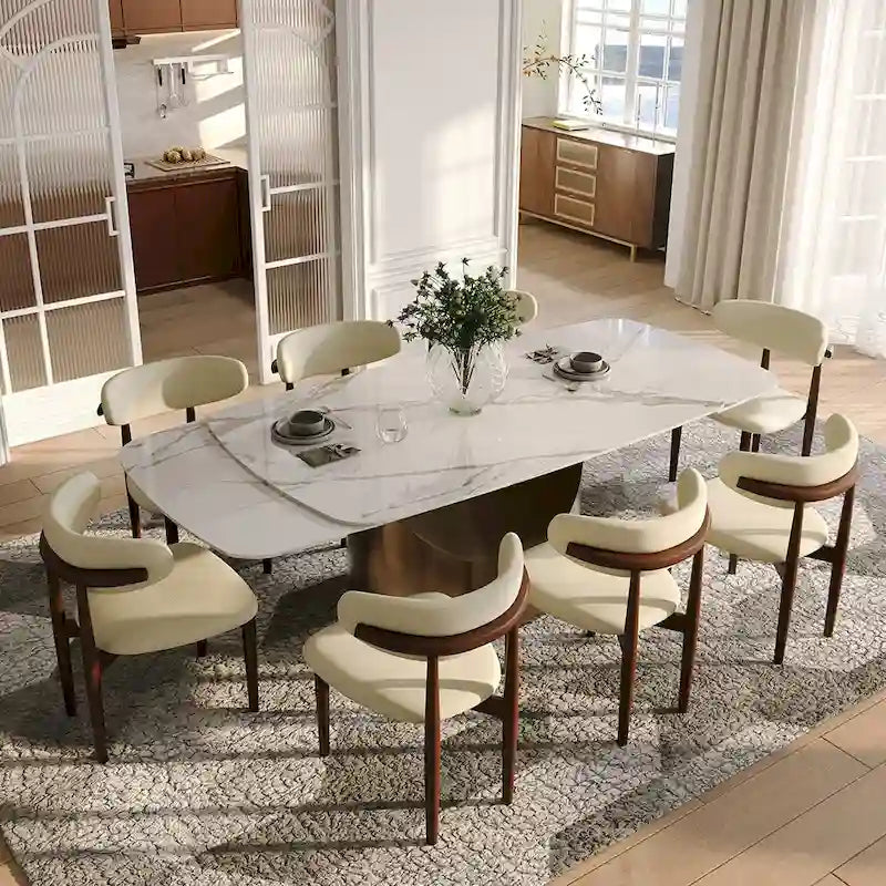 63-94 Table à manger moderne avec plateau rectangulaire en pierre frittée et pieds en acier au carbone pour 4 à 10 personnes