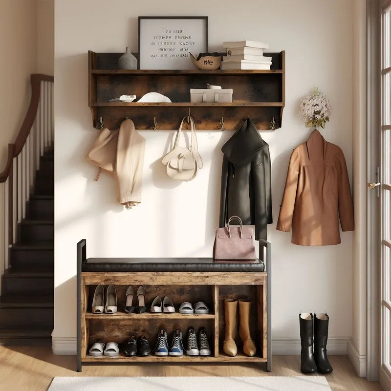 Porte-manteau industriel avec banc à chaussures et rangement mural