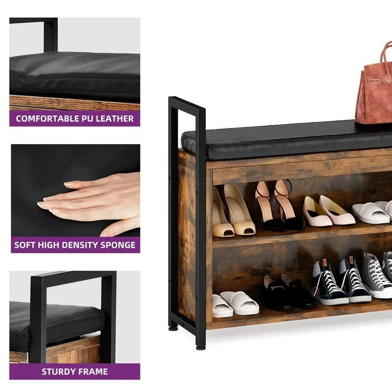 Porte-manteau industriel avec banc à chaussures et rangement mural