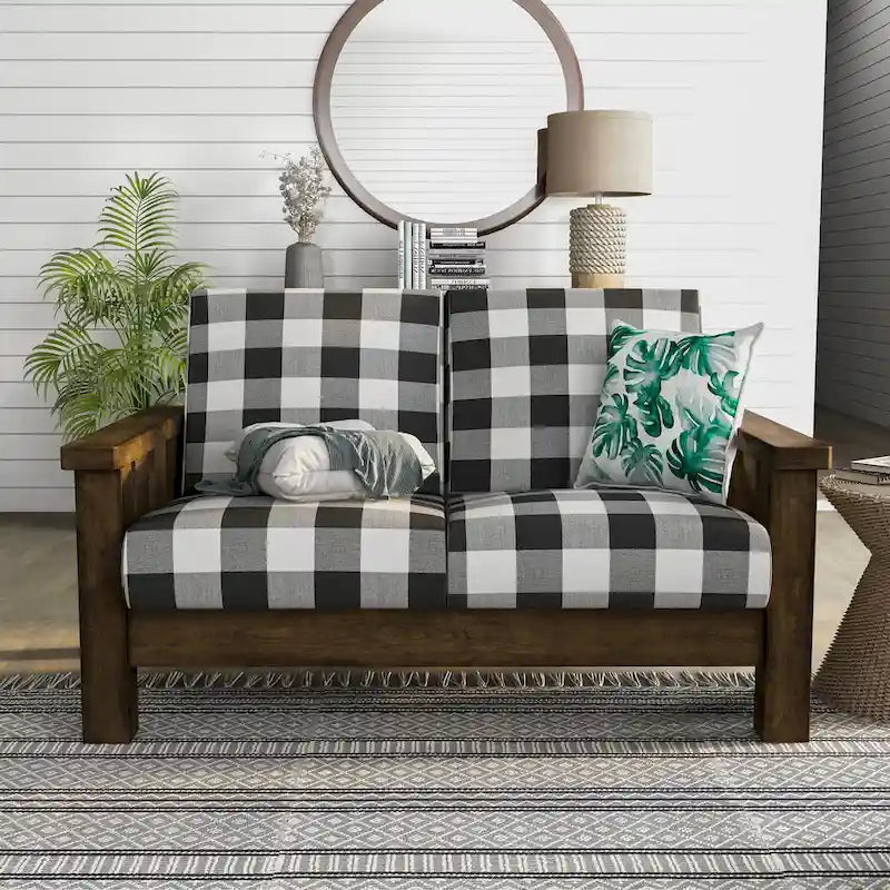 Causeuse rustique traditionnelle en tissu de lin et chêne par