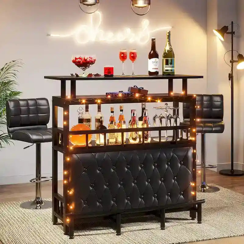 Bar Unit Bar Counter Table for Home Liquor with Front Upholstered Storage Shelf Metal Front Footrest for Home Basement