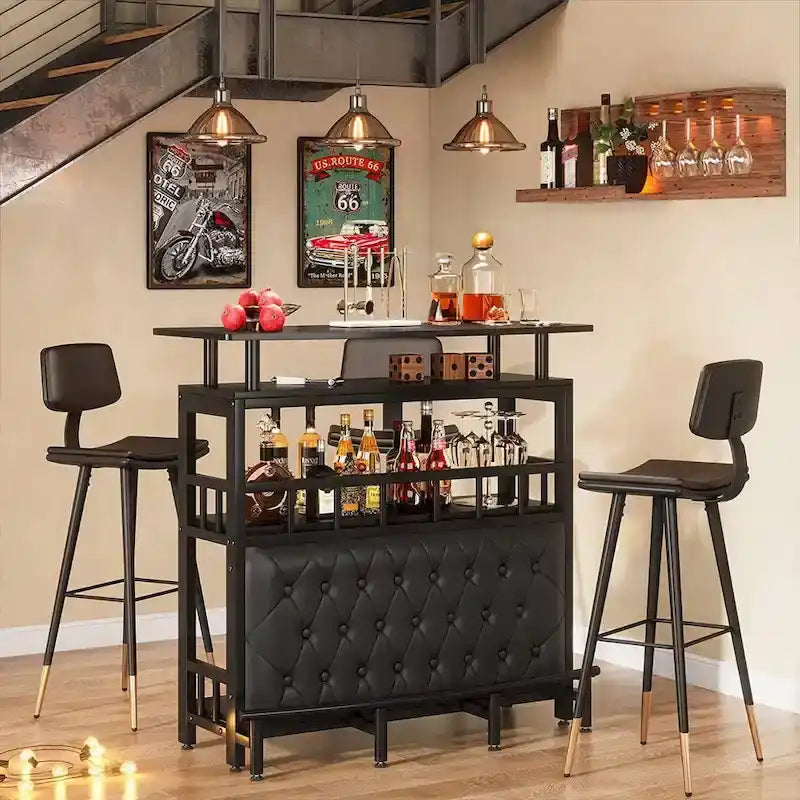 Meuble de bar pour la maison avec étagère de rangement rembourrée à l'avant et repose-pieds en métal pour sous-sol de maison