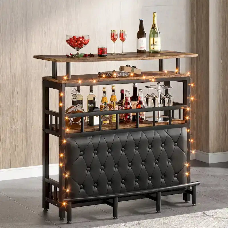 Meuble de bar pour la maison avec étagère de rangement rembourrée à l'avant et repose-pieds en métal pour sous-sol de maison