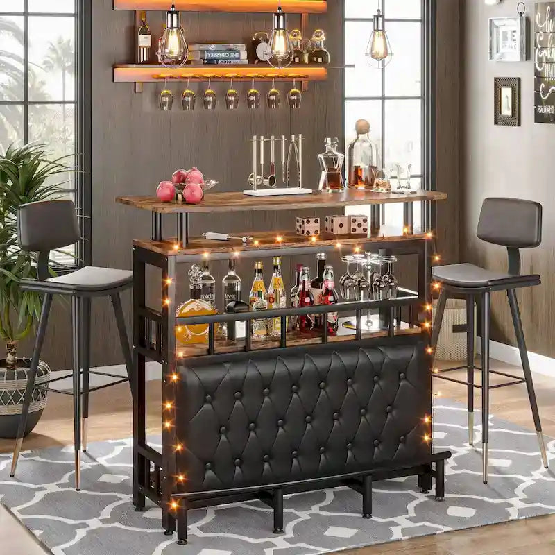Meuble de bar pour la maison avec étagère de rangement rembourrée à l'avant et repose-pieds en métal pour sous-sol de maison