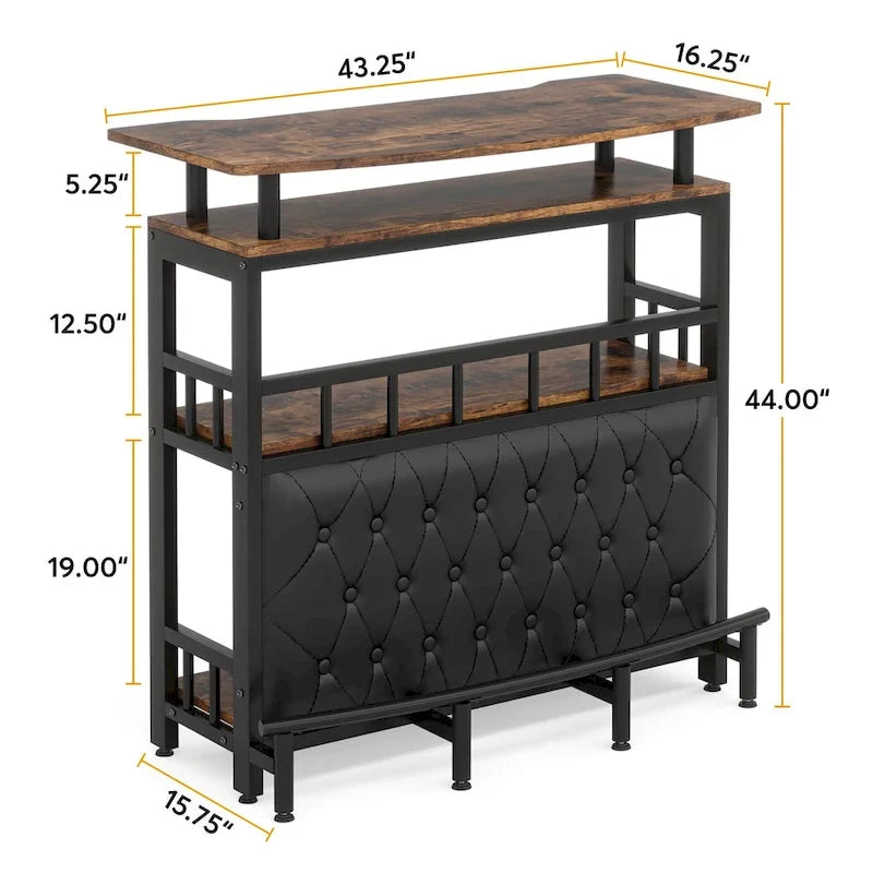 Meuble de bar pour la maison avec étagère de rangement rembourrée à l'avant et repose-pieds en métal pour sous-sol de maison