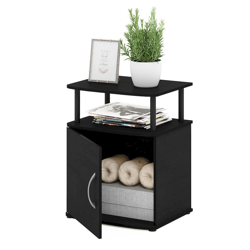 Table d'appoint de rangement noire au design fonctionnel