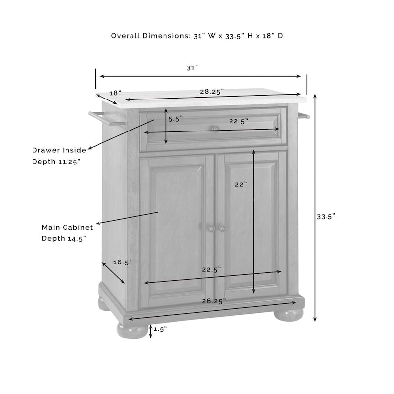 Îlot de cuisine portable en granit massif, finition blanche - 18p x 31l x 33.5h