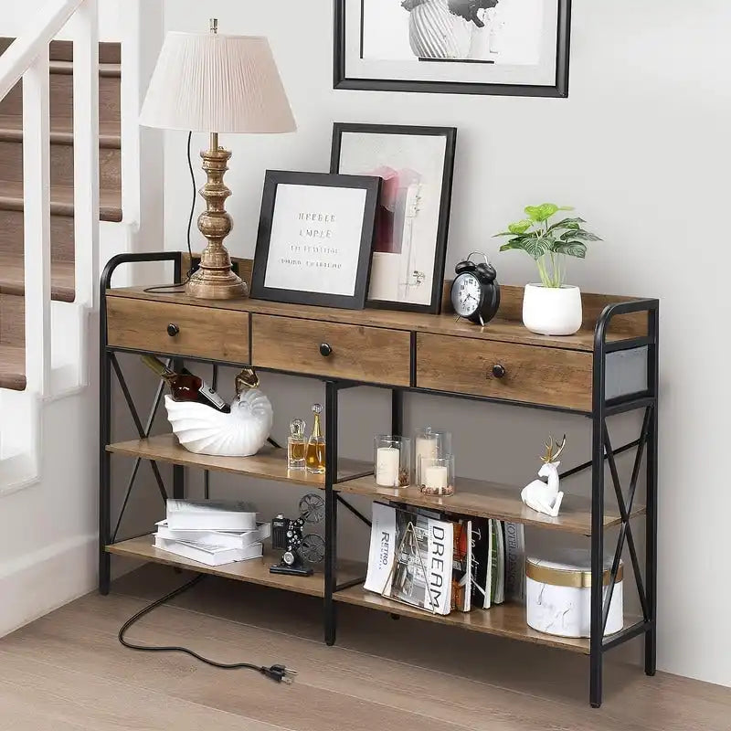 Table console avec prises de courant et ports USB, table d'entrée étroite à 3 tiroirs