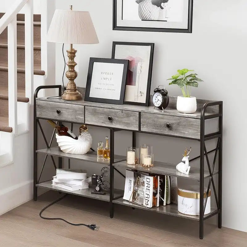 Table console avec prises de courant et ports USB, table d'entrée étroite à 3 tiroirs