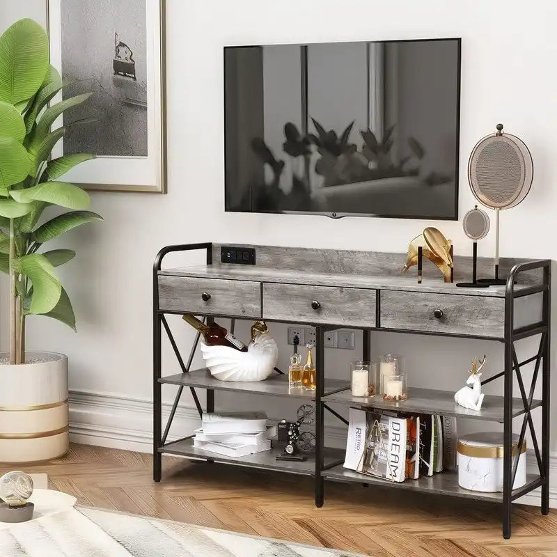 Table console avec prises de courant et ports USB, table d'entrée étroite à 3 tiroirs