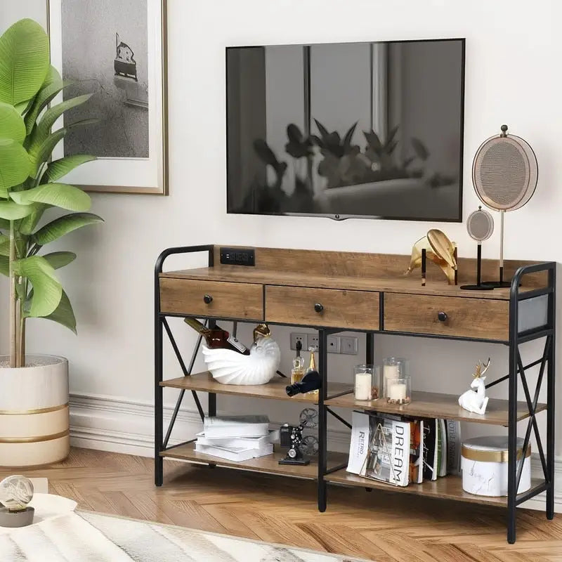 Table console avec prises de courant et ports USB, table d'entrée étroite à 3 tiroirs