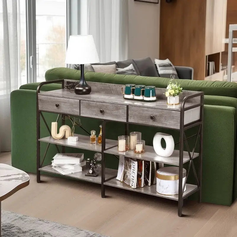 Table console avec prises de courant et ports USB, table d'entrée étroite à 3 tiroirs