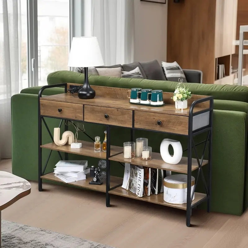 Table console avec prises de courant et ports USB, table d'entrée étroite à 3 tiroirs