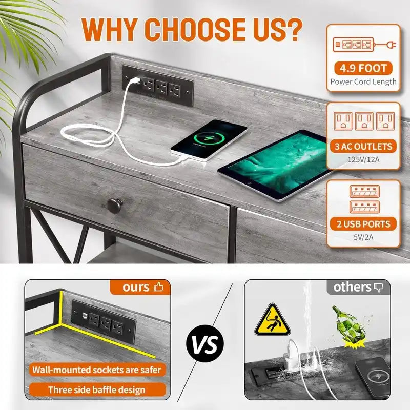 Table console avec prises de courant et ports USB, table d'entrée étroite à 3 tiroirs