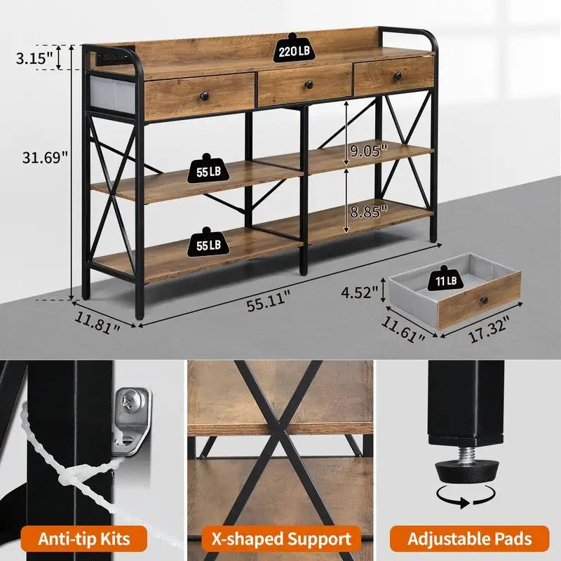 Table console avec prises de courant et ports USB, table d'entrée étroite à 3 tiroirs