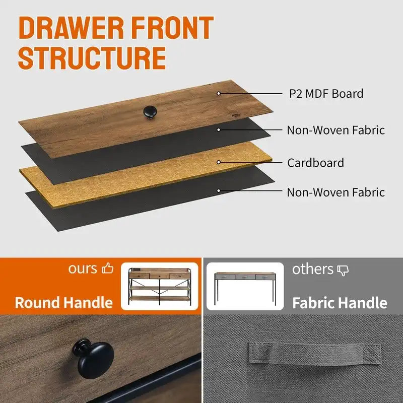 Table console avec prises de courant et ports USB, table d'entrée étroite à 3 tiroirs