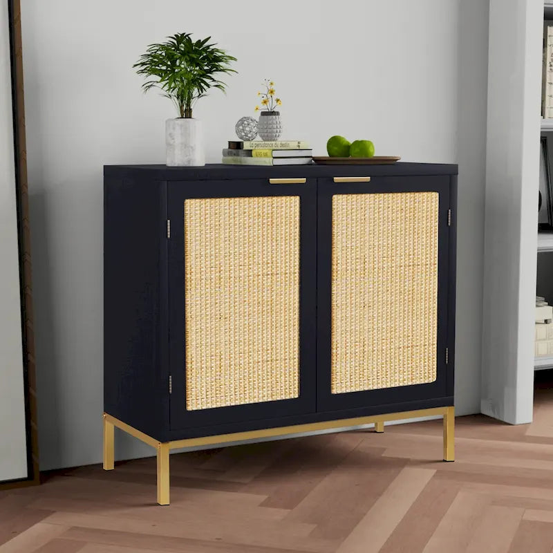 Bahut/Buffet armoire d'appoint Mid-Century Modern en bois noir et rotin avec 2 portes