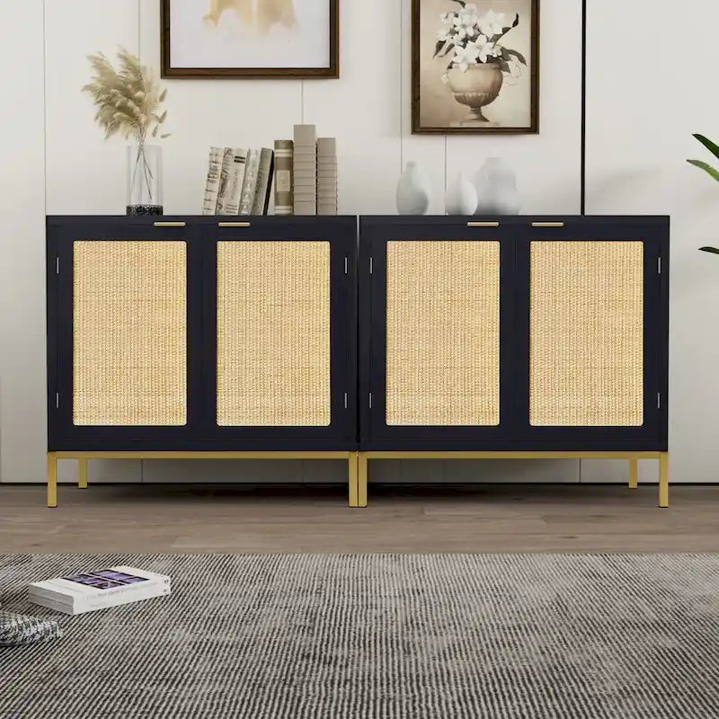 Bahut/Buffet armoire d'appoint Mid-Century Modern en bois noir et rotin avec 2 portes