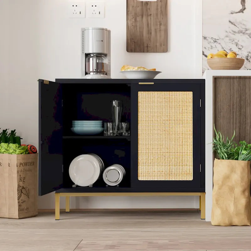Bahut/Buffet armoire d'appoint Mid-Century Modern en bois noir et rotin avec 2 portes