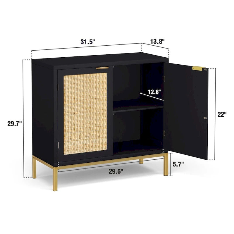 Bahut/Buffet armoire d'appoint Mid-Century Modern en bois noir et rotin avec 2 portes