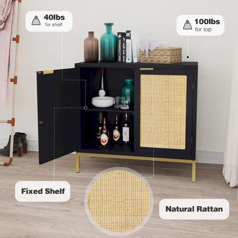 Bahut/Buffet armoire d'appoint Mid-Century Modern en bois noir et rotin avec 2 portes