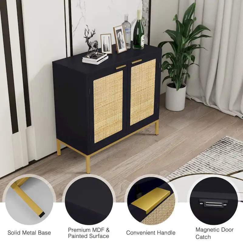 Bahut/Buffet armoire d'appoint Mid-Century Modern en bois noir et rotin avec 2 portes