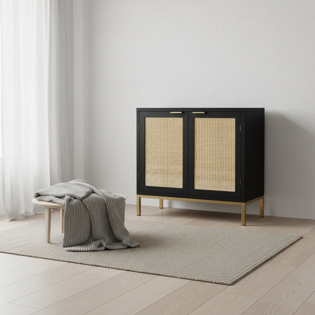 Bahut/Buffet armoire d'appoint Mid-Century Modern en bois noir et rotin avec 2 portes