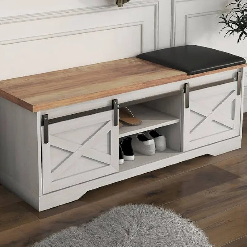 Banc à chaussures de rangement d'entrée avec coussin en cuir