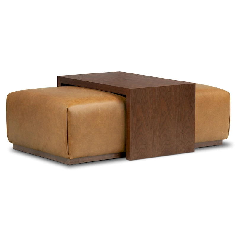 Ottoman avec table ajustable en noyer - Cuir italien véritable pleine fleur