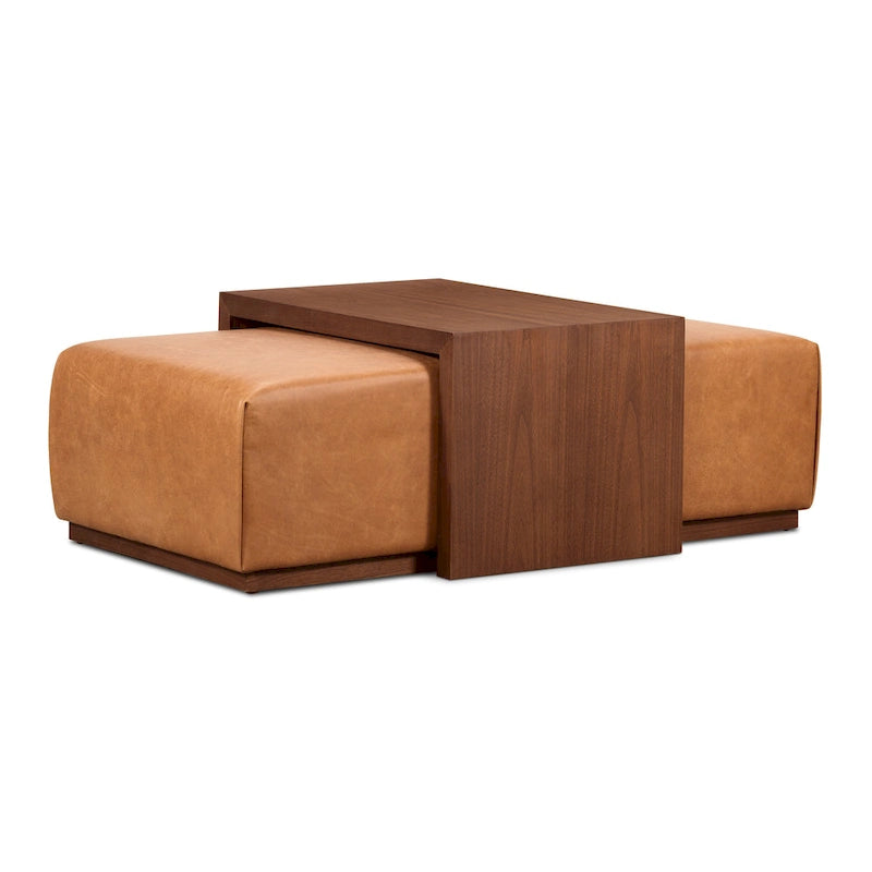 Ottoman avec table ajustable en noyer - Cuir italien véritable pleine fleur