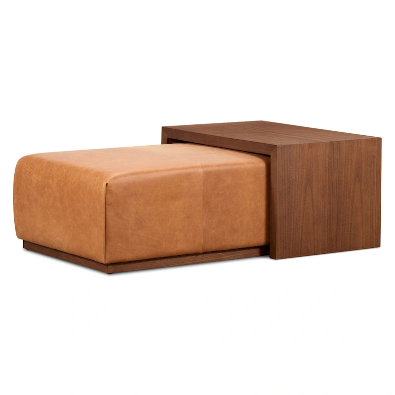 Ottoman avec table ajustable en noyer - Cuir italien véritable pleine fleur