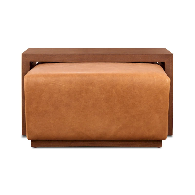 Ottoman avec table ajustable en noyer - Cuir italien véritable pleine fleur
