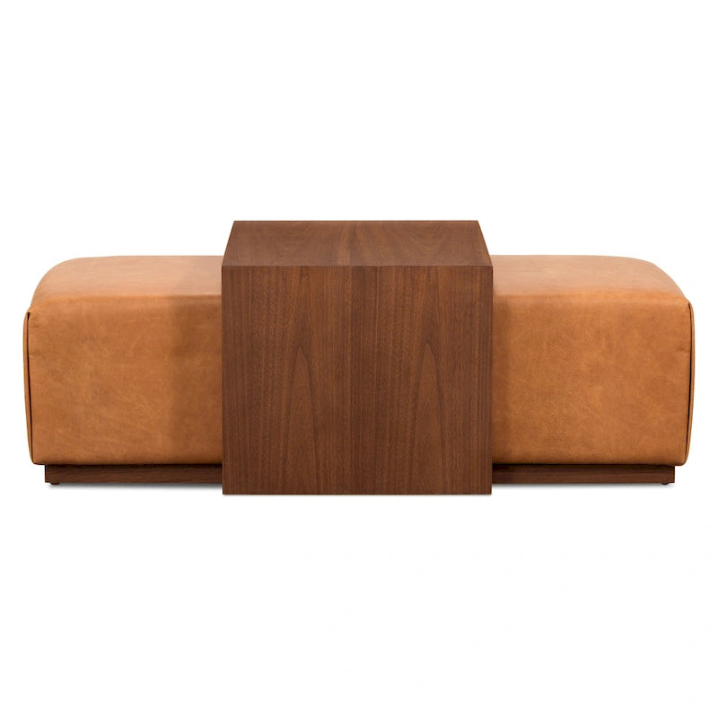 Ottoman avec table ajustable en noyer - Cuir italien véritable pleine fleur