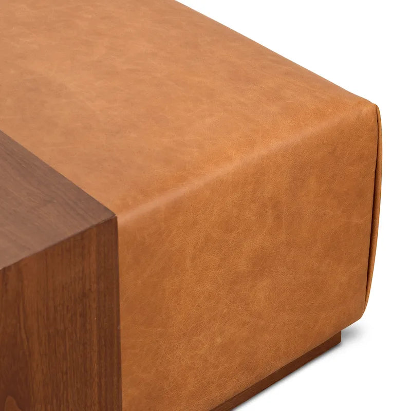 Ottoman avec table ajustable en noyer - Cuir italien véritable pleine fleur