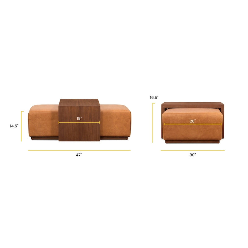 Ottoman avec table ajustable en noyer - Cuir italien véritable pleine fleur