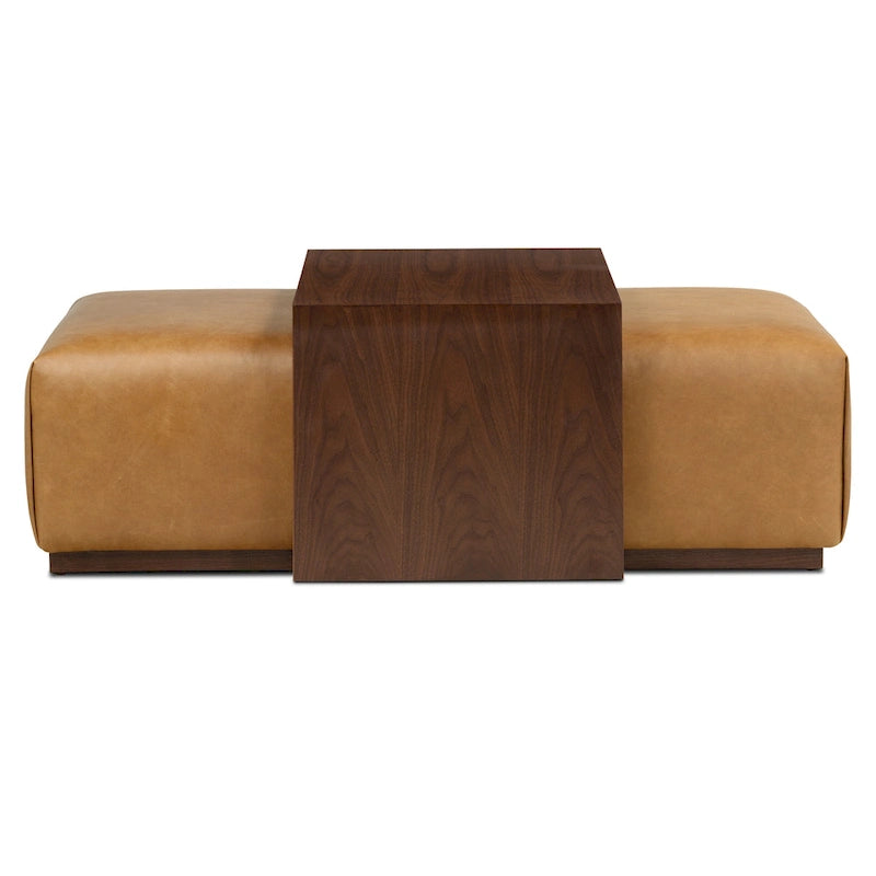Ottoman avec table ajustable en noyer - Cuir italien véritable pleine fleur